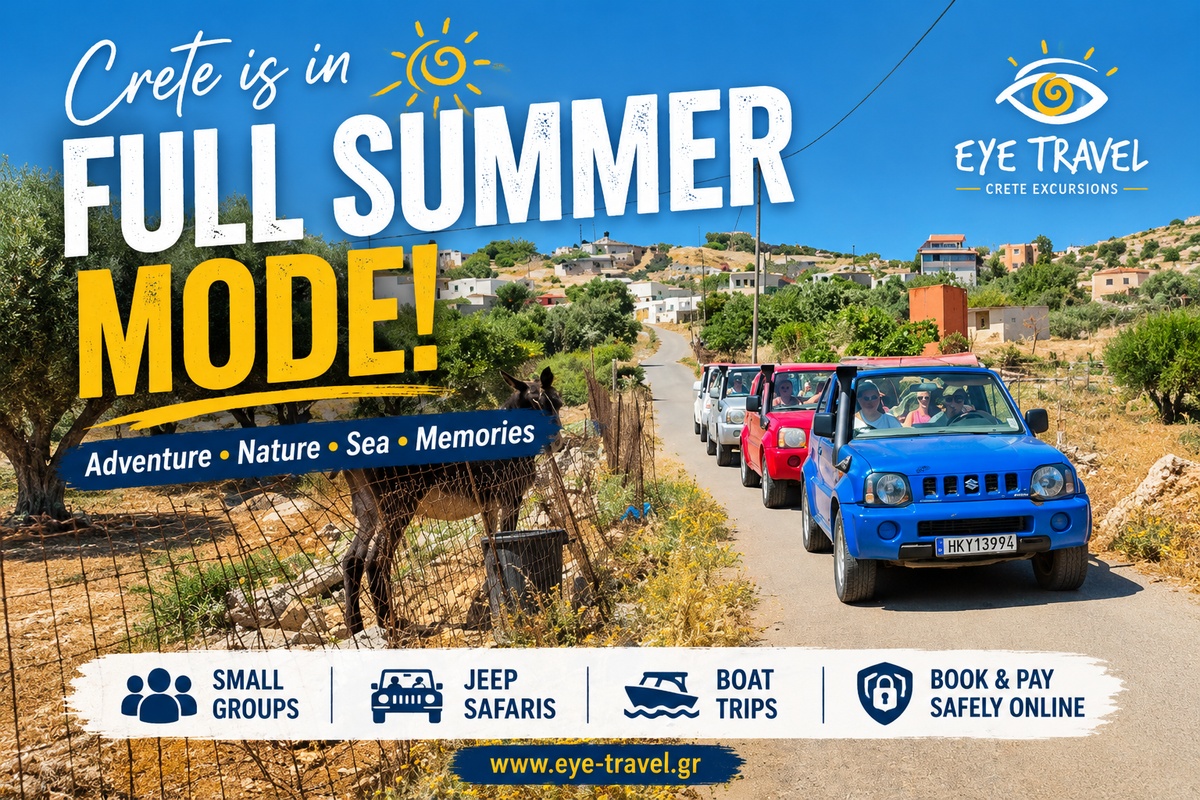 Kreta ist im vollen Sommermodus mit Eye Travel Jeepsafaris, Bootsausflügen und unvergesslichen Erlebnissen auf der ganzen Insel.